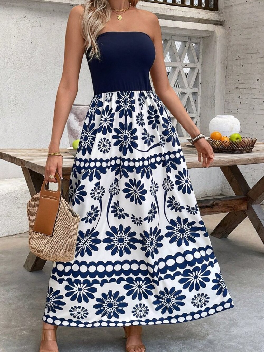 Blue Boho Women's Strapless Long Floral Dress - Picture 6 of 7